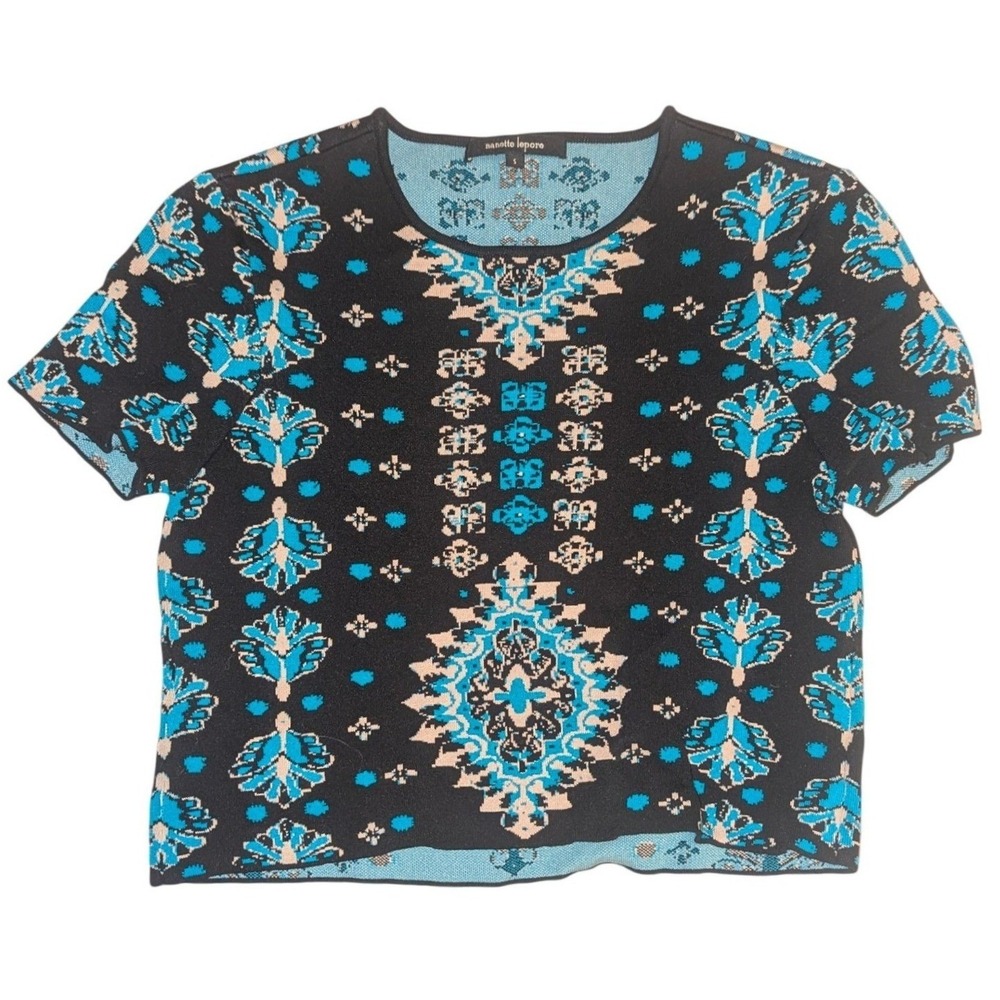 Nanette Lepore Knit Top Small Black Blue Short Sleeve Boho Festival Crop